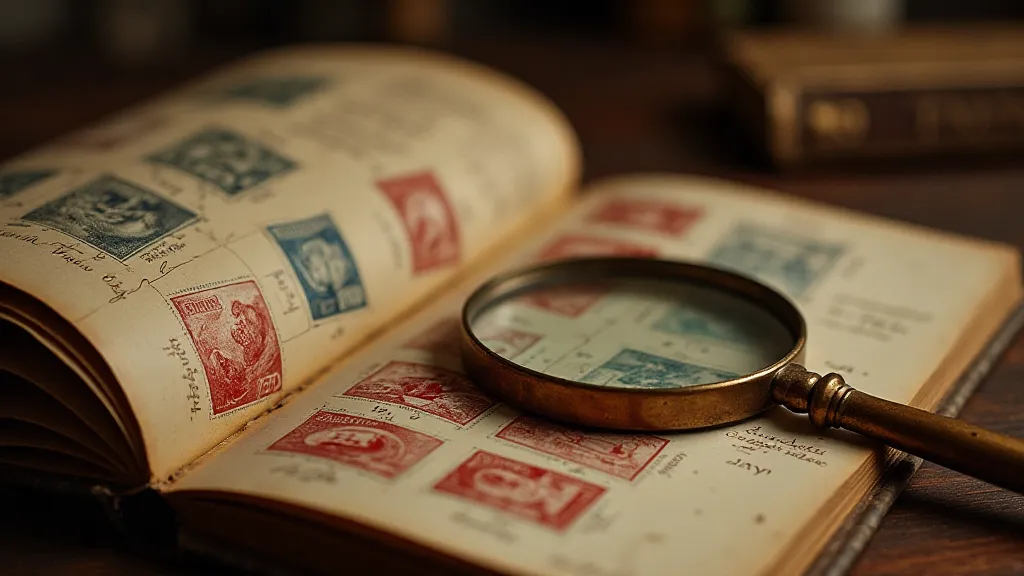 Magnifying glass on vintage stamp album
