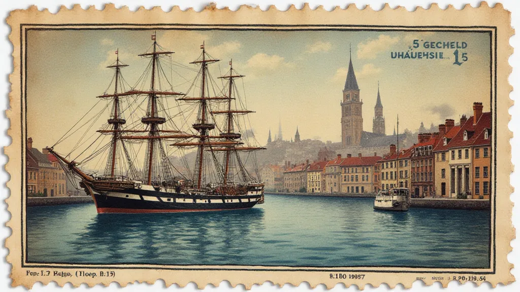 Vintage stamp showing a port city and sailing ships