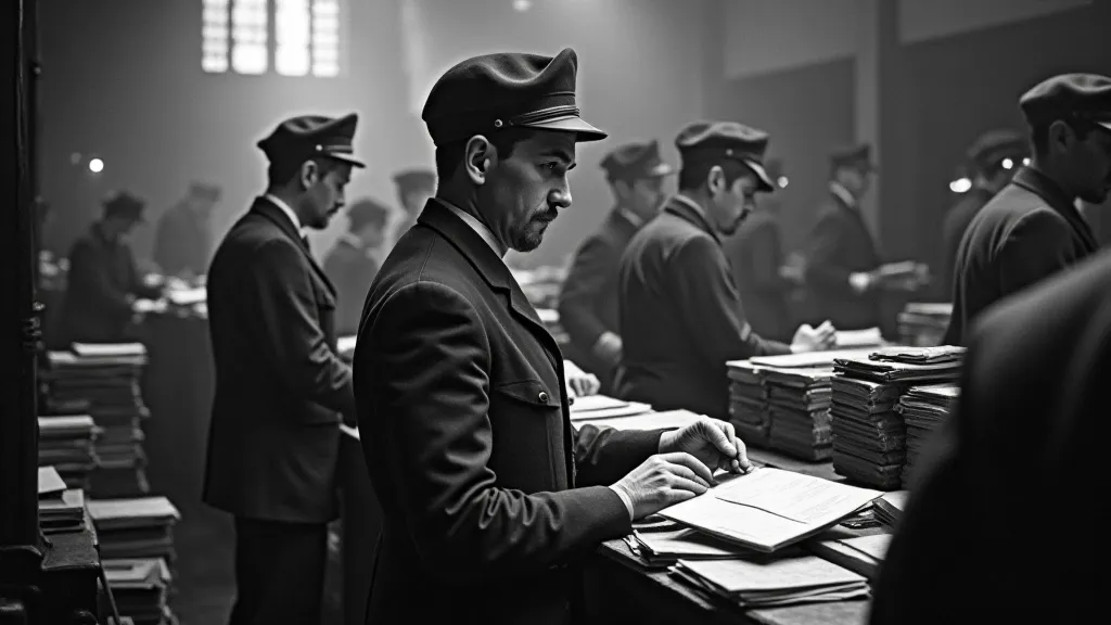 Postal workers sorting mail in 1890s post office.