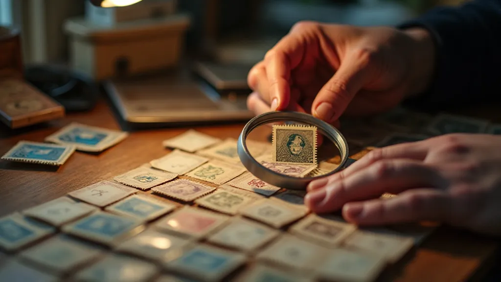 Collector examining a vintage stamp with a magnifying glass