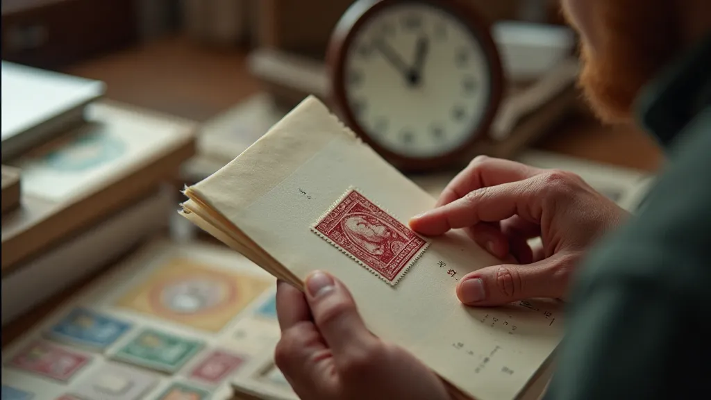 Stamp collector examining a vintage stamp