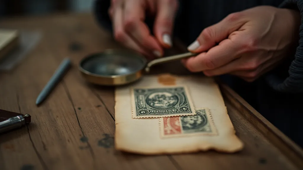 Collector examining a vintage stamp with a magnifying glass